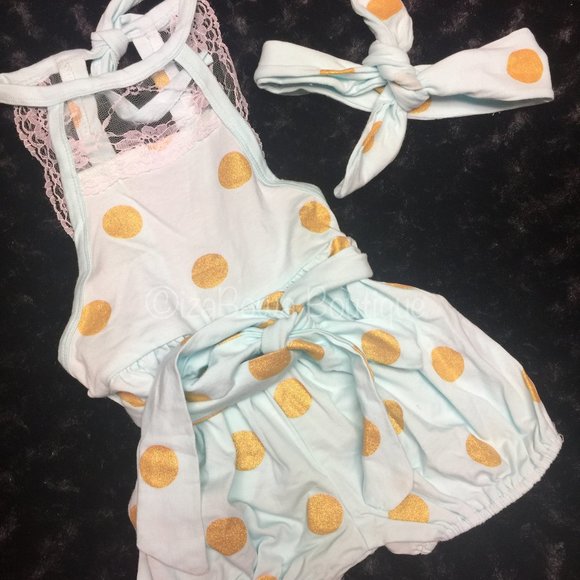 Aqua & Gold Lace Belted Bubble Romper w/ Matching headband  (2) - Picture 1 of 3